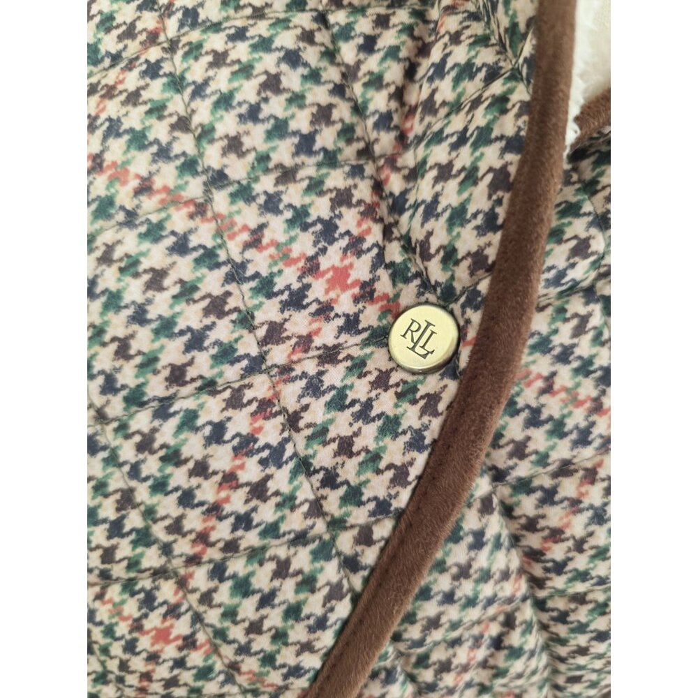 Lauren Ralph Lauren Houndstooth Quilted Jacket S Brown Green Faux Sherpa Collar - Picture 12 of 14